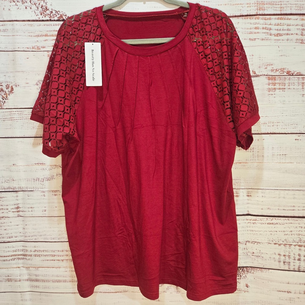 LALAGEN Red Lace Raglan Sleeve Pleated Neck Top Blouse Women‎ 3X NEW!!